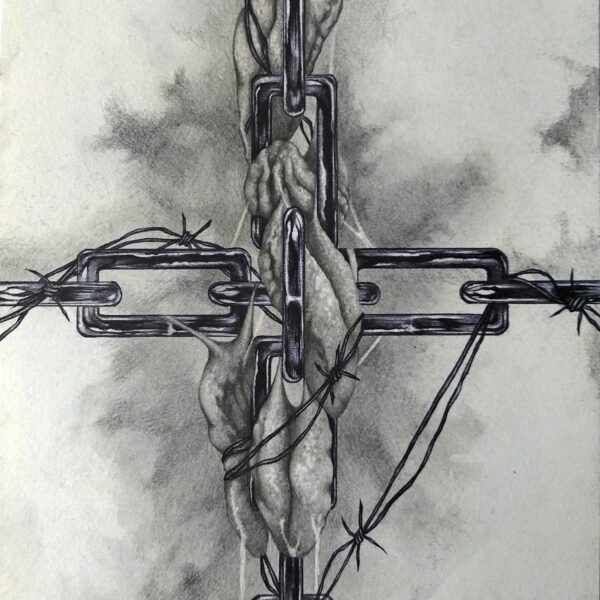 Totem I, 2025, crayon graphite et stylo Bic, 14,8 x 21 cm
